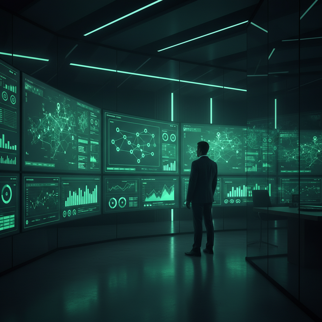 Sala de control con pared curva de dashboards mostrando red de estaciones de servicio en tiempo real