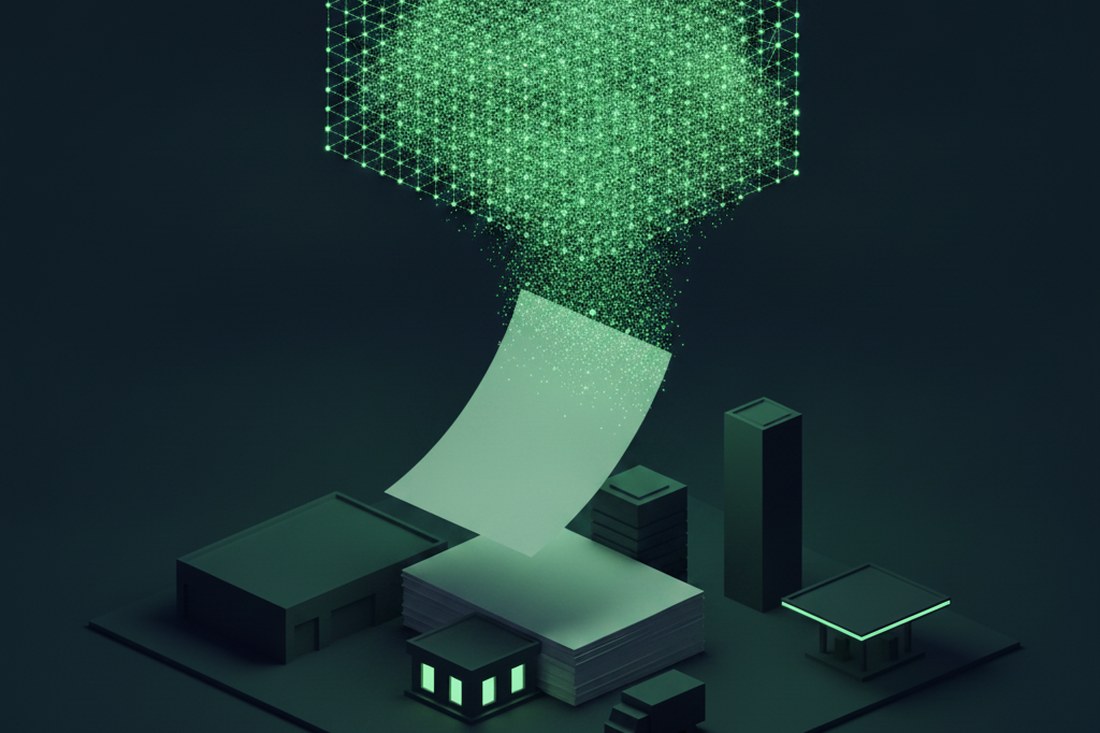Una factura en papel disolviéndose en partículas de luz verde que forman una estructura de datos