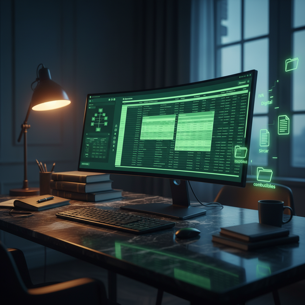 Monitor curvo mostrando libro mayor con exportaciones fiscales IVA Digital, Citi y Sircar