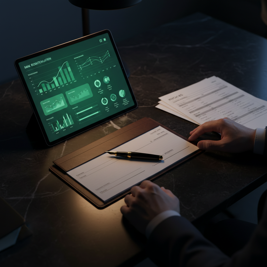 Escritorio ejecutivo con chequera, facturas y tablet mostrando conciliación bancaria