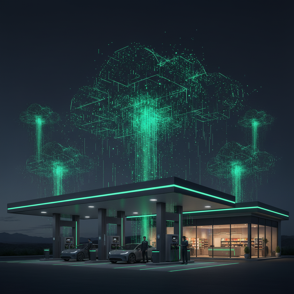 Estación de servicio central conectada a sucursales holográficas mostrando sincronización en tiempo real
