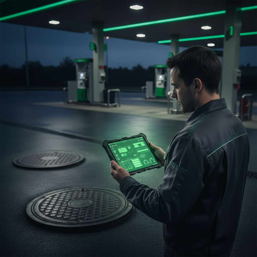 Operario de estación de servicio con tablet mostrando control de tanques en tiempo real