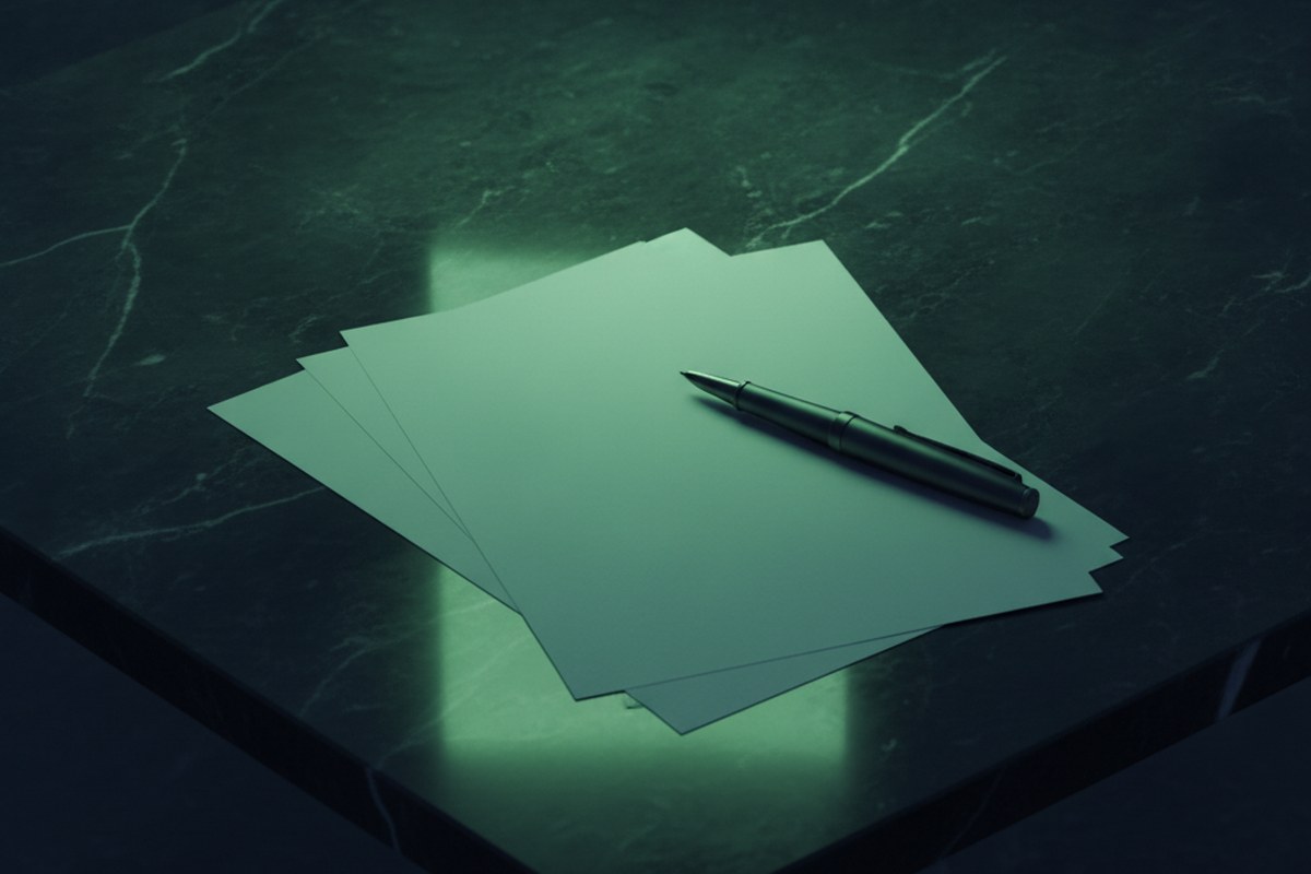 Chequera y papeles en blanco sobre un escritorio oscuro con luz verde