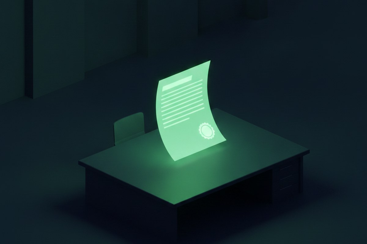 Comprobante fiscal como holograma verde con un sello de validación brillando