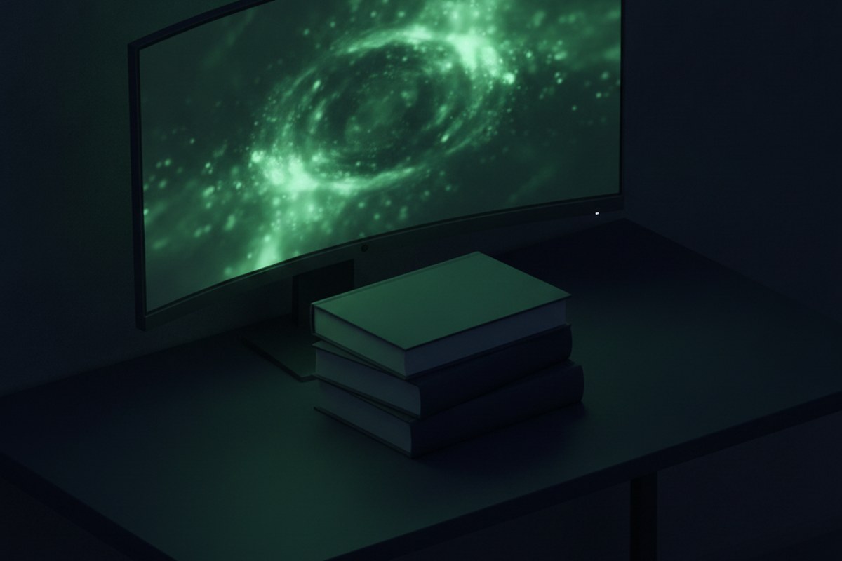 Libros contables apilados frente a una pantalla curva iluminando en verde