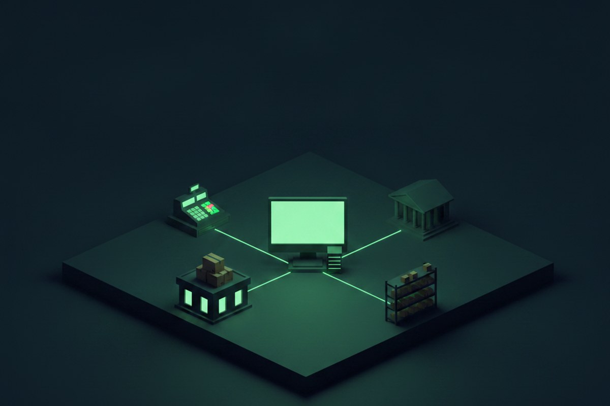 Caja registradora, compras, banco y depósito conectados a un sistema central: de la venta al balance sobre una sola base